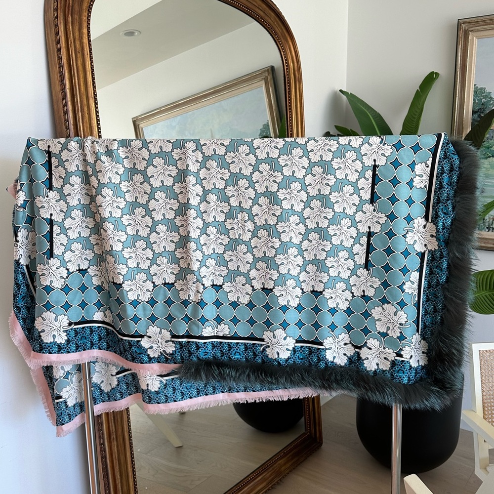 Fendi Leaf Print Fox Fur Trim Silk and Wool Shawl